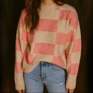 NWOT Sofie Schnoor Cream Pink Check Wool Blend Sweater Clueless Preppy
